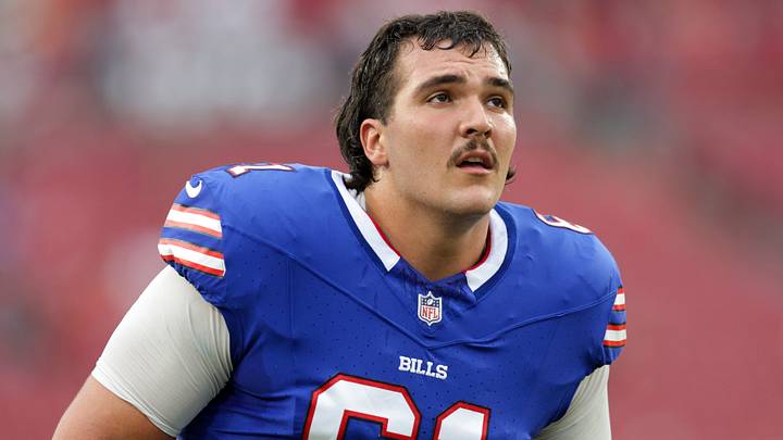 Aug 23, 2025; Tampa, Florida, USA; Buffalo Bills center Jacob Bayer (61) looks on before a game against the Tampa Bay Buccaneers at Raymond James Stadium. Mandatory Credit: Nathan Ray Seebeck-Imagn Images