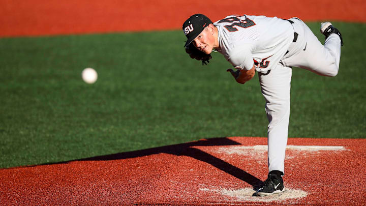 Oregon State pitcher Ethan Kleinschmit (24) throws a pitch during the NCAA Super Regional against Florida State at Goss Stadium on Saturday, June 7, 2025 in Corvallis.