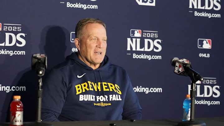Oct 9, 2025; Chicago, Illinois, USA; Milwaukee Brewers manager Pat Murphy talks to the media before game four of the NLDS round for the 2025 MLB playoffs at Wrigley Field. Mandatory Credit: David Banks-Imagn Images Oct 9, 2025; Chicago, Illinois, USA; Milwaukee Brewers manager Pat Murphy talks to the media before game four of the NLDS round for the 2025 MLB playoffs at Wrigley Field. Mandatory Credit: David Banks-Imagn Images