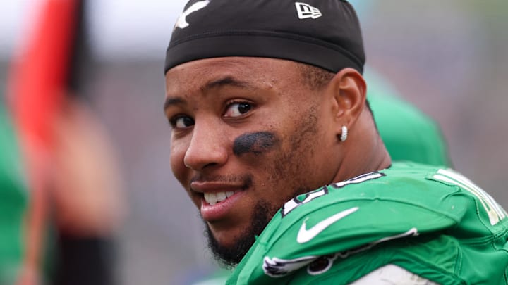 Oct 26, 2025; Philadelphia, Pennsylvania, USA; Philadelphia Eagles running back Saquon Barkley (26) looks on from the sideline during the fourth quarter against the New York Giants at Lincoln Financial Field. Mandatory Credit: Bill Streicher-Imagn Images Oct 26, 2025; Philadelphia, Pennsylvania, USA; Philadelphia Eagles running back Saquon Barkley (26) looks on from the sideline during the fourth quarter against the New York Giants at Lincoln Financial Field. Mandatory Credit: Bill Streicher-Imagn Images
