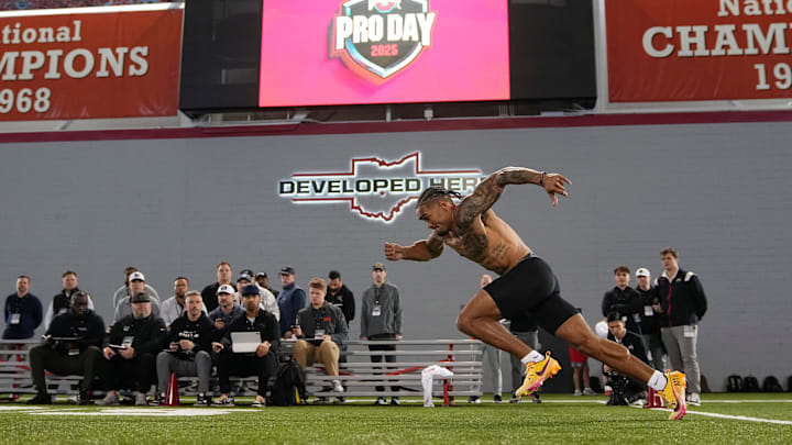 Ohio State Buckeyes wide receiver Emeka Egbuka runs during the pro day for NFL scouts at the Woody Hayes Athletic Center.