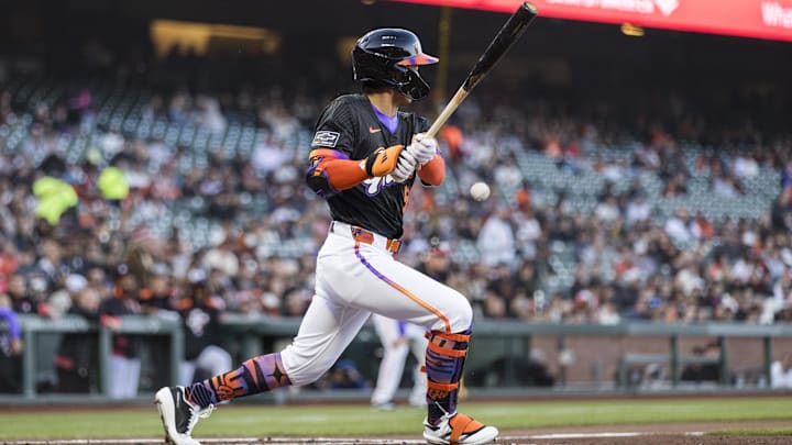 Apr 8, 2025; San Francisco, California, USA; San Francisco Giants center fielder Jung Hoo Lee (51) grounds out against the Cincinnati Reds during the first inning at Oracle Park. Apr 8, 2025; San Francisco, California, USA; San Francisco Giants center fielder Jung Hoo Lee (51) grounds out against the Cincinnati Reds during the first inning at Oracle Park.