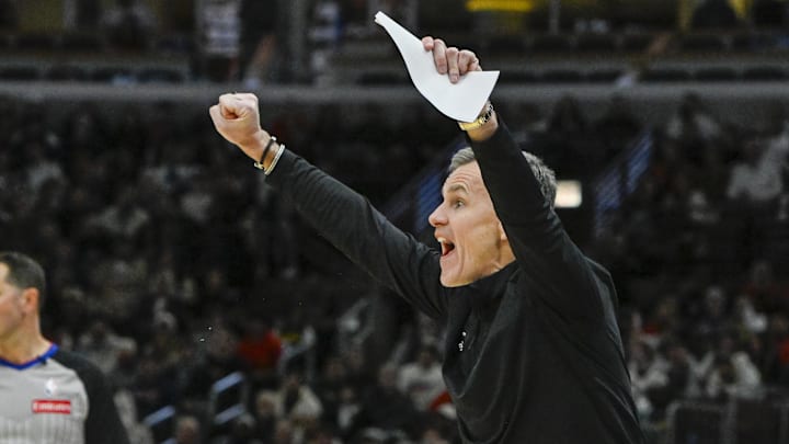 Jan 27, 2025; Chicago, Illinois, USA;  Chicago Bulls head coach Billy Donovan direct his team against the Denver Nuggets during the second half at the United Center. Mandatory Credit: Matt Marton-Imagn Images