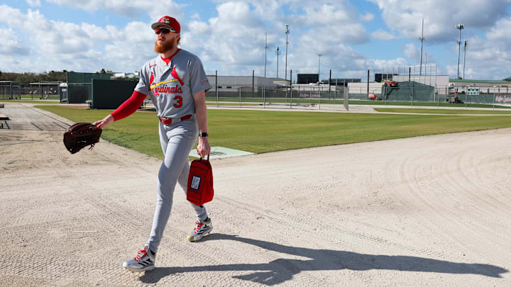 Feb 14, 2026; Jupiter, FL, USA; St. Louis Cardinals starting pitcher Dustin May (3) arrives for a workout during spring training at Roger Dean Chevrolet Stadium. Mandatory Credit: Sam Navarro-Imagn Images Feb 14, 2026; Jupiter, FL, USA; St. Louis Cardinals starting pitcher Dustin May (3) arrives for a workout during spring training at Roger Dean Chevrolet Stadium. Mandatory Credit: Sam Navarro-Imagn Images