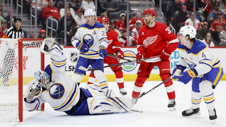 Mar 16, 2024; Detroit, Michigan, USA;  Buffalo Sabres goaltender Ukko-Pekka Luukkonen (1) makes a