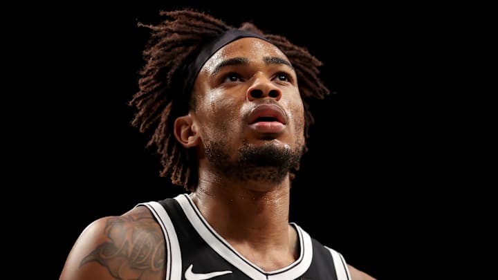 Mar 28, 2025; Brooklyn, New York, USA; Brooklyn Nets center Nic Claxton (33) reacts during the first quarter against the Los Angeles Clippers at Barclays Center. Mandatory Credit: Brad Penner-Imagn Images