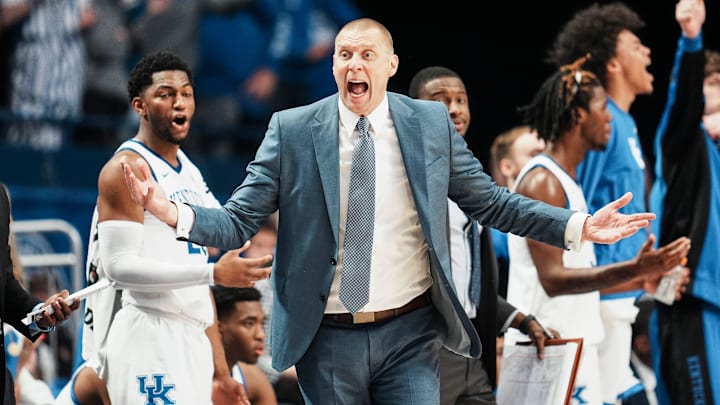 Kentucky Wildcats head coach Mark Pope questions a call of blocking on the Cats while they take on Nicholls in the first half at Rupp Arena in Lexington, Kentucky Nov. 4, 2025.