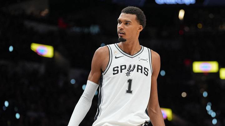 Oct 20, 2026; San Antonio, Texas, USA; San Antonio Spurs forward Victor Wembanyama (1) looks over in the first half against the Oklahoma City Thunder at Frost Bank Center.