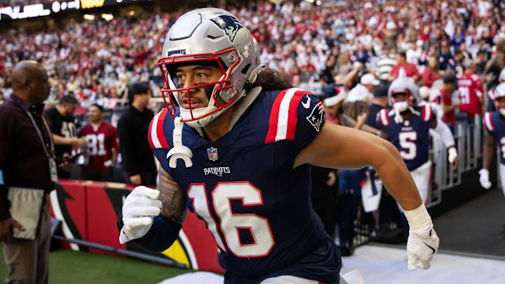 Dec 15, 2024; Glendale, Arizona, USA; New England Patriots linebacker Sione Takitaki (16) against the Arizona Cardinals at State Farm Stadium.