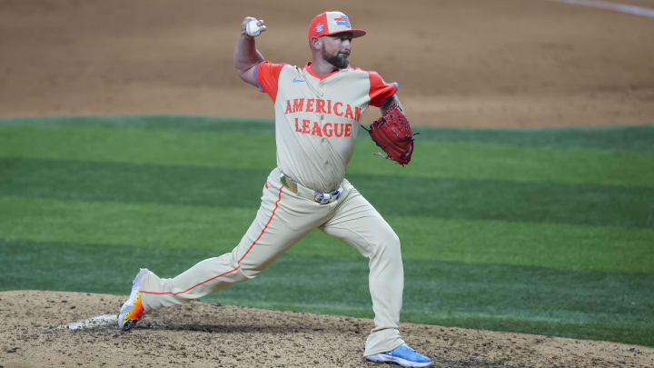 Jul 16, 2024; Arlington, Texas, USA; American League pitcher Kirby Yates of the Texas Rangers (39) pitches at the top of the eight inning during the 2024 MLB All-Star game at Globe Life Field. Mandatory Credit: Tim Heitman-USA TODAY Sports