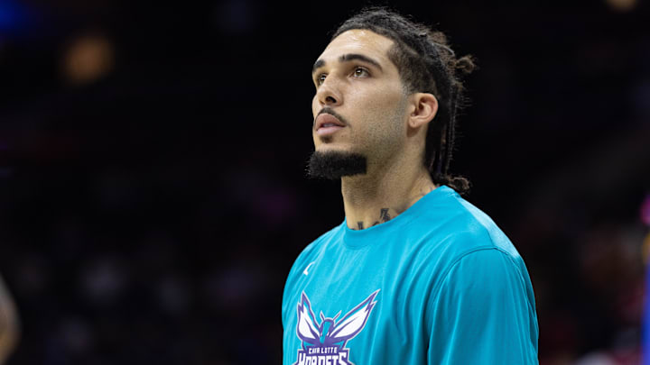Oct 12, 2022; Philadelphia, Pennsylvania, USA; Charlotte Hornets guard LiAngelo Ball before a game against the Philadelphia 76ers at Wells Fargo Center. Mandatory Credit: Bill Streicher-Imagn Images