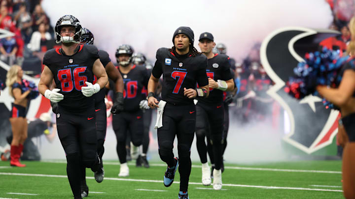 Jan 4, 2026; Houston, Texas, USA;  Houston Texans quarterback C.J. Stroud (7) takes the field prior to a game against the Indianapolis Colts at NRG Stadium. Mandatory Credit: Thomas Shea-Imagn Images