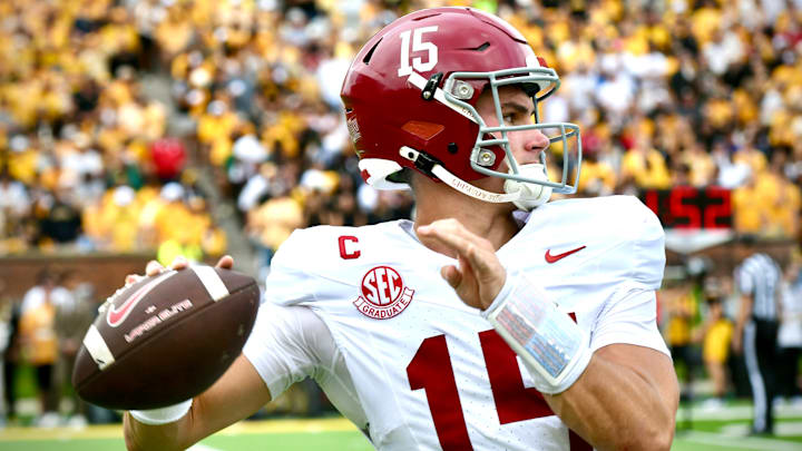 Oct 11, 2025; Columbia, MO, USA; Alabama Crimson Tide quarterback Ty Simpson (15) throws a pass in the first quarter against the Missouri Tigers at Faurot Field at Memorial Stadium. Oct 11, 2025; Columbia, MO, USA; Alabama Crimson Tide quarterback Ty Simpson (15) throws a pass in the first quarter against the Missouri Tigers at Faurot Field at Memorial Stadium.