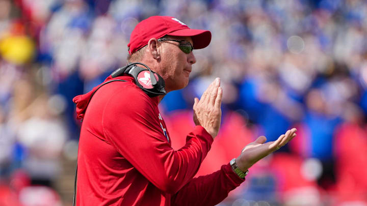 Sep 28, 2024; Kansas City, Missouri, USA; Kansas Jayhawks head coach Lance Leipold celebrates on field after scoring against the TCU Horned Frogs during the first half at GEHA Field at Arrowhead Stadium. Mandatory Credit: Denny Medley-Imagn Images