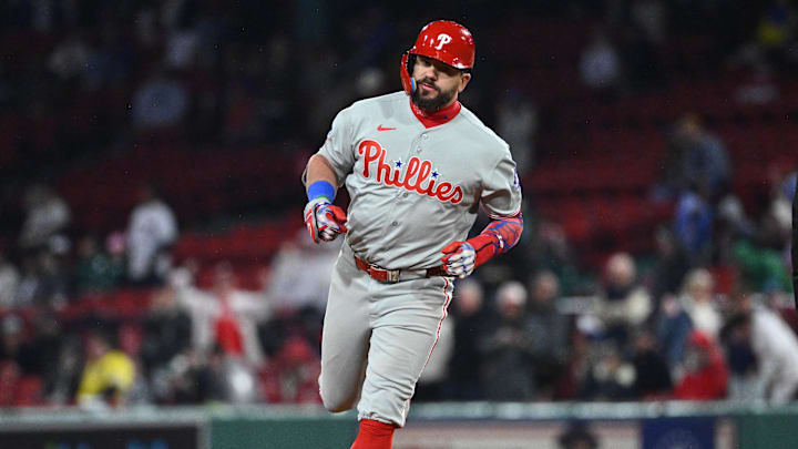 May 14, 2026; Boston, Massachusetts, USA; Philadelphia Phillies designated hitter Kyle Schwarber (12) runs out the bases after hitting a two run home run against the Boston Red Sox during the eighth inning at Fenway Park. Mandatory Credit: Eric Canha-Imagn Images