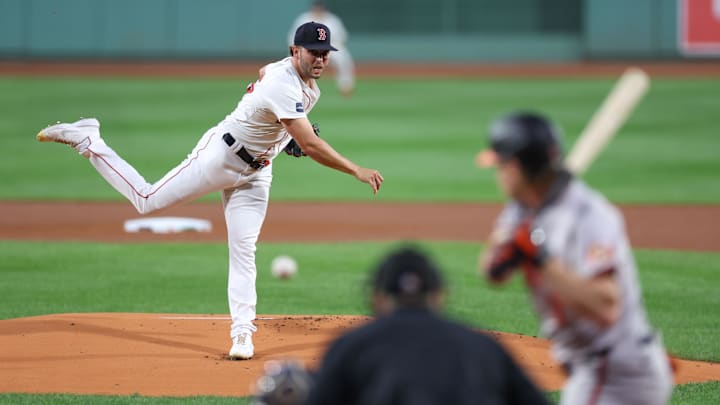 Sep 10, 2024; Boston, Massachusetts, USA; Boston Red Sox starting pitcher Kutter Crawford (50) throws a pitch during the first inning against the Baltimore Orioles at Fenway Park. Mandatory Credit: Paul Rutherford-Imagn Images