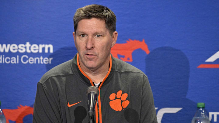 Feb 22, 2025; Dallas, Texas, USA; Clemson Tigers head coach Brad Brownell speaks to the media after the game between the SMU Mustangs and the Clemson Tigers at Moody Coliseum. 