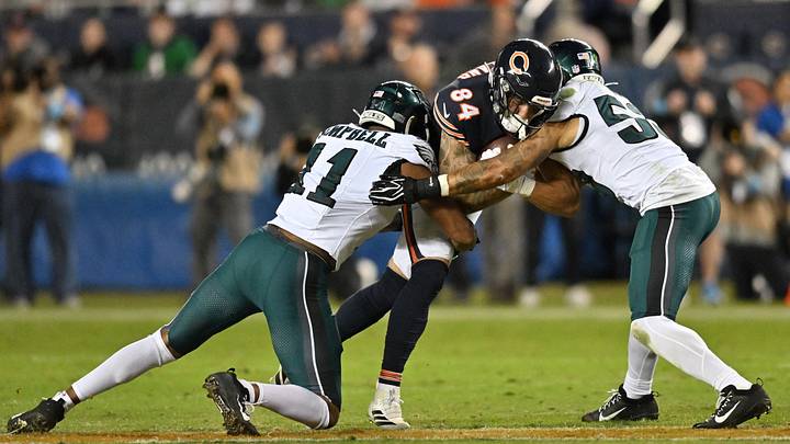 Sep 28, 2026; Chicago, Illinois, USA; Philadelphia Eagles linebacker Jihaad Campbell (11) and linebacker Zack Baun (53) tackle Chicago Bears tight end Colston Loveland (84) during the second halfat Soldier Field. Mandatory Credit: Patrick Gorski-Imagn Images Sep 28, 2026; Chicago, Illinois, USA; Philadelphia Eagles linebacker Jihaad Campbell (11) and linebacker Zack Baun (53) tackle Chicago Bears tight end Colston Loveland (84) during the second halfat Soldier Field. Mandatory Credit: Patrick Gorski-Imagn Images