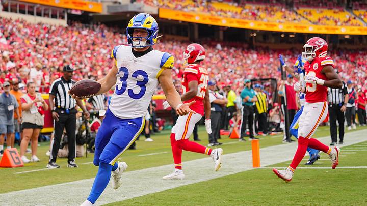 Aug 15, 2026; Kansas City, Missouri, USA; Los Angeles Rams running back Dean Connors (33) scores a touchdown during the second half against the Kansas City Chiefs at at Arrowhead Stadium. Mandatory Credit: Jay Biggerstaff-Imagn Images Aug 15, 2026; Kansas City, Missouri, USA; Los Angeles Rams running back Dean Connors (33) scores a touchdown during the second half against the Kansas City Chiefs at at Arrowhead Stadium. Mandatory Credit: Jay Biggerstaff-Imagn Images