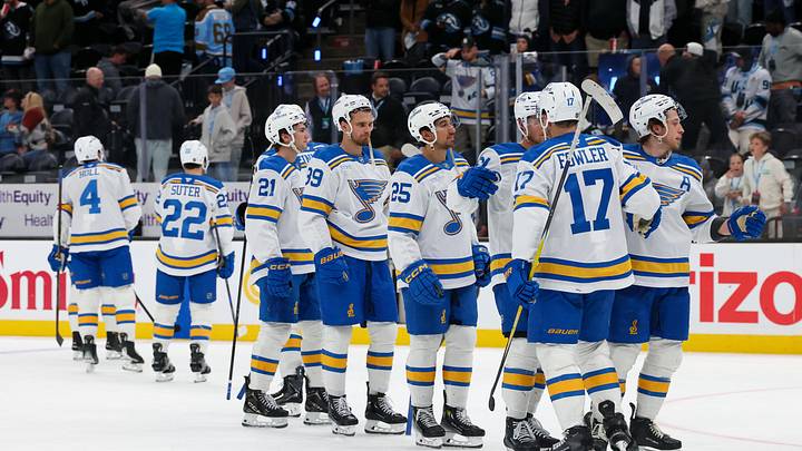 Apr 16, 2026; Salt Lake City, Utah, USA; The St. Louis Blues celebrate after defeating the Utah Mammoth at Delta Center. Mandatory Credit: Rob Gray-Imagn Images Apr 16, 2026; Salt Lake City, Utah, USA; The St. Louis Blues celebrate after defeating the Utah Mammoth at Delta Center. Mandatory Credit: Rob Gray-Imagn Images
