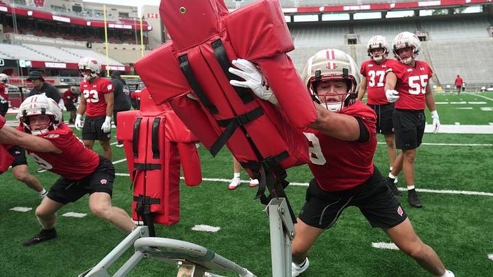 Wisconsin linebacker Mason Posa (8) is shown during football practice Thursday, August 6, 2026 at Camp Randall Stadium in Madison, Wisconsin.