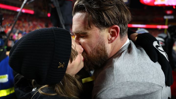 Jan 26, 2025: Taylor Swift and Kansas City Chiefs tight end Travis Kelce kiss after the AFC Championship Game. Jan 26, 2025: Taylor Swift and Kansas City Chiefs tight end Travis Kelce kiss after the AFC Championship Game.
