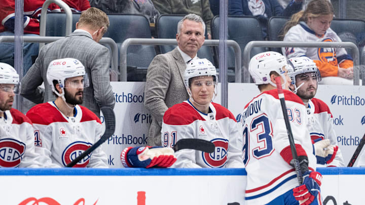 Apr 12, 2026; Elmont, New York, USA; Montréal Canadiens head coach Martin St. Louis before the first period against the New York Islanders at UBS Arena. Mandatory Credit: Alexander Wohl-Imagn Images