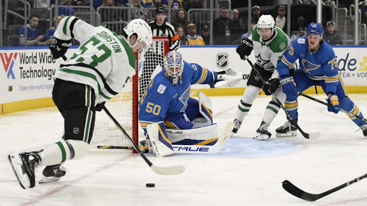 Jan 25, 2025; St. Louis, Missouri, USA; St. Louis Blues goaltender Jordan Binnington (50) and defenseman Tyler Tucker (75) defend the net from Dallas Stars center Wyatt Johnston (53) and left wing Jason Robertson (21) during the third period at Enterprise Center. Mandatory Credit: Jeff Le-Imagn Images