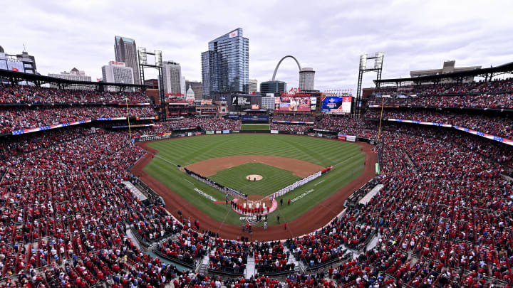 Apr 4, 2024; St. Louis, Missouri, USA;  A general view during the national anthem before the St. Louis Cardinals home opener against the Miami Marlins at Busch Stadium. Mandatory Credit: Jeff Curry-USA TODAY Sports
