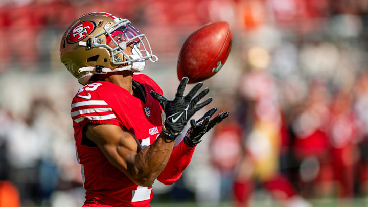 Dec 8, 2024; Santa Clara, California, USA; San Francisco 49ers wide receiver Jacob Cowing (19) warms up before the game against the Chicago Bears at Levi's Stadium. Mandatory Credit: Bob Kupbens-Imagn Images