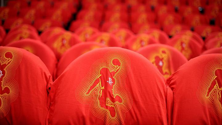 May 1, 2026; Houston, Texas, USA; A detail shot of seats decorated with T-shirts prior to game six of the first round of the 2026 NBA Playoffs between the Houston Rockets and the Los Angeles Lakers. Mandatory Credit: Erik Williams-Imagn Images