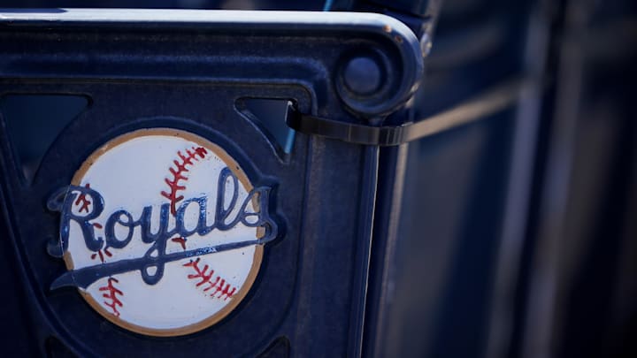 Apr 1, 2021; Kansas City, Missouri, USA; A general view of the Kansas City Royals logo on seats with complimentary flags for fans before the Opening Day game against the Texas Rangers Kauffman Stadium. Mandatory Credit: Denny Medley-Imagn Images Apr 1, 2021; Kansas City, Missouri, USA; A general view of the Kansas City Royals logo on seats with complimentary flags for fans before the Opening Day game against the Texas Rangers Kauffman Stadium. Mandatory Credit: Denny Medley-Imagn Images