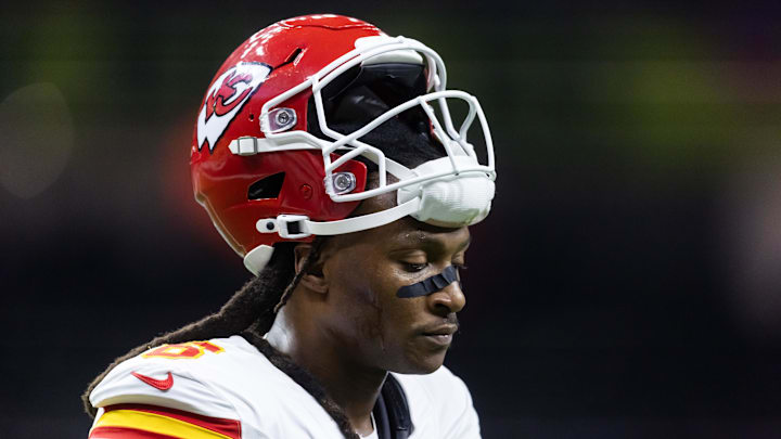 Feb 9, 2025; New Orleans, LA, USA;  Kansas City Chiefs wide receiver DeAndre Hopkins (8) against the Philadelphia Eagles in Super Bowl LIX at Ceasars Superdome. Mandatory Credit: Mark J. Rebilas-Imagn Images