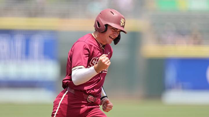 May 25, 2024; Charlotte, NC, USA; Florida State infielder Alex Lodise (1) reacts after scoring a run in the second inning against Wake Forest during the ACC Baseball Tournament at Truist Field. Mandatory Credit: Cory Knowlton-USA TODAY Sports May 25, 2024; Charlotte, NC, USA; Florida State infielder Alex Lodise (1) reacts after scoring a run in the second inning against Wake Forest during the ACC Baseball Tournament at Truist Field. Mandatory Credit: Cory Knowlton-USA TODAY Sports