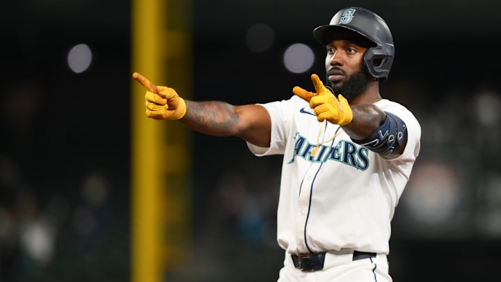 Seattle Mariners left fielder Randy Arozarena celebrates after hitting a single against the Texas Rangers on Sept. 12 at T-Mobile Park.
