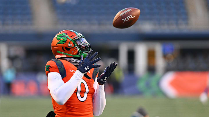 Feb 23, 2023; Seattle, WA, USA; Seattle Sea Dragons wide receiver Josh Gordon (0) catches a pass