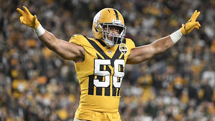 Oct 26, 2025; Pittsburgh, Pennsylvania, USA; Pittsburgh Steelers linebacker Alex Highsmith (56) celebrates a stop on third down against the Green Bay Packers during the second quarter at Acrisure Stadium. Mandatory Credit: Barry Reeger-Imagn Images Oct 26, 2025; Pittsburgh, Pennsylvania, USA; Pittsburgh Steelers linebacker Alex Highsmith (56) celebrates a stop on third down against the Green Bay Packers during the second quarter at Acrisure Stadium. Mandatory Credit: Barry Reeger-Imagn Images