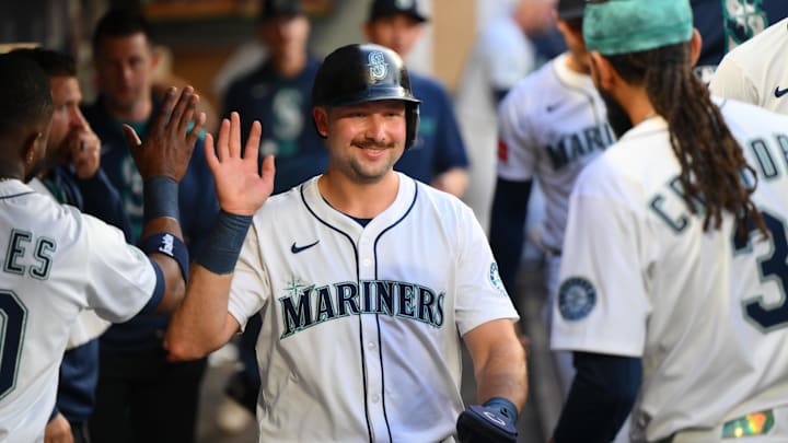 Sep 13, 2025; Seattle, Washington, USA; Seattle Mariners catcher Cal Raleigh (29) celebrates 
