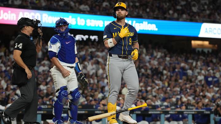 Oct 14, 2026: Milwaukee Brewers first baseman Jake Bauers (9) reacts after hitting a two-run home run against the Los Angeles Dodgers during the seventh inning in game three of the NLCS for the 2026 MLB Playoffs at Uniqlo Field at Dodger Stadium. Credit: Kirby Lee-Imagn Images Oct 14, 2026: Milwaukee Brewers first baseman Jake Bauers (9) reacts after hitting a two-run home run against the Los Angeles Dodgers during the seventh inning in game three of the NLCS for the 2026 MLB Playoffs at Uniqlo Field at Dodger Stadium. Credit: Kirby Lee-Imagn Images