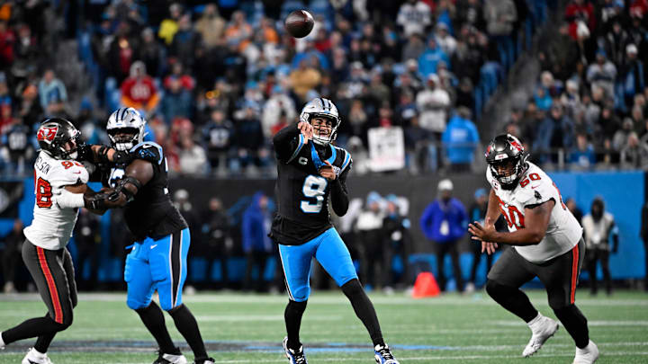 Dec 1, 2024; Charlotte, North Carolina, USA; Carolina Panthers quarterback Bryce Young (9) throws a touchdpwn pass to wide receiver Adam Thielen (19) (not pictured) as the Panthers take the lead with 30 seconds left in the fourth quarter at Bank of America Stadium. Mandatory Credit: Bob Donnan-Imagn Images Dec 1, 2024; Charlotte, North Carolina, USA; Carolina Panthers quarterback Bryce Young (9) throws a touchdpwn pass to wide receiver Adam Thielen (19) (not pictured) as the Panthers take the lead with 30 seconds left in the fourth quarter at Bank of America Stadium. Mandatory Credit: Bob Donnan-Imagn Images