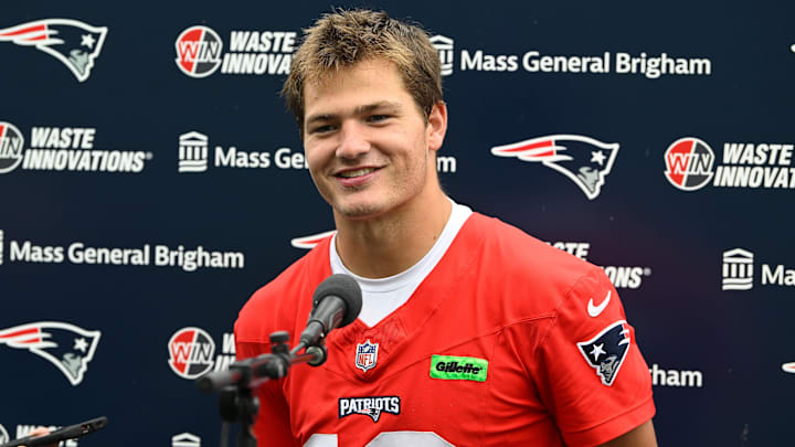 Jun 9, 2025; Foxborough, MA, USA; New England Patriots quarterback Drake Maye (10) holds a press conference after minicamp at Gillette Stadium. Mandatory Credit: Eric Canha-Imagn Images