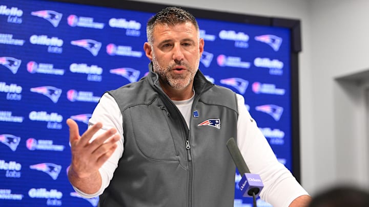 May 9, 2025; Foxborough, MA, USA;  New England Patriots head coach Mike Vrabel speaks the to media during a press conference at Gillette Stadium. Mandatory Credit: Eric Canha-Imagn Images