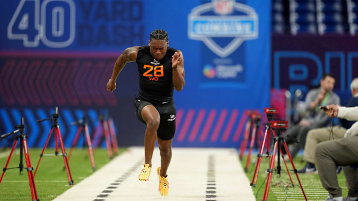 Jaylin Lane of Virginia Tech tears down the track for a 4.34-second 40-yard dash at the NFL combine. Jaylin Lane of Virginia Tech tears down the track for a 4.34-second 40-yard dash at the NFL combine.