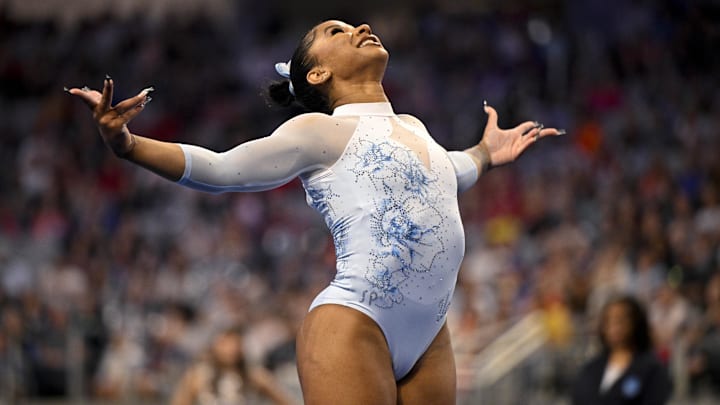 UCLA Bruins gymnast Jordan Chiles performs on floor exercise during the 2025 Women's National Gymnastics Championship at Dickies Arena.