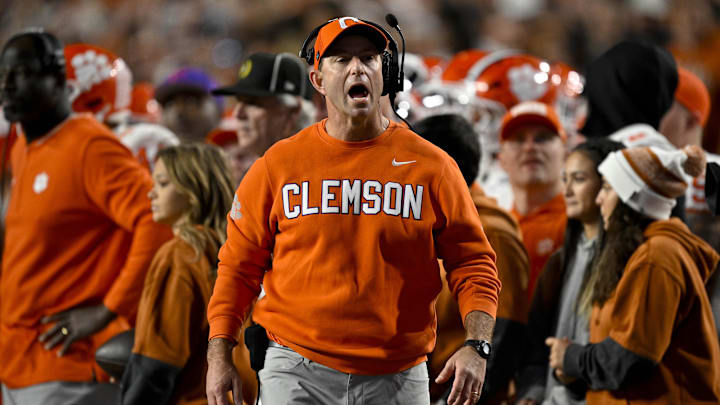 Dec 21, 2024; Austin, Texas, USA; Clemson Tigers head coach Dabo Swinney during the game between the Texas Longhorns and the Clemson Tigers in the CFP National Playoff First Round at Darrell K Royal-Texas Memorial Stadium. Mandatory Credit: Jerome Miron-Imagn Images