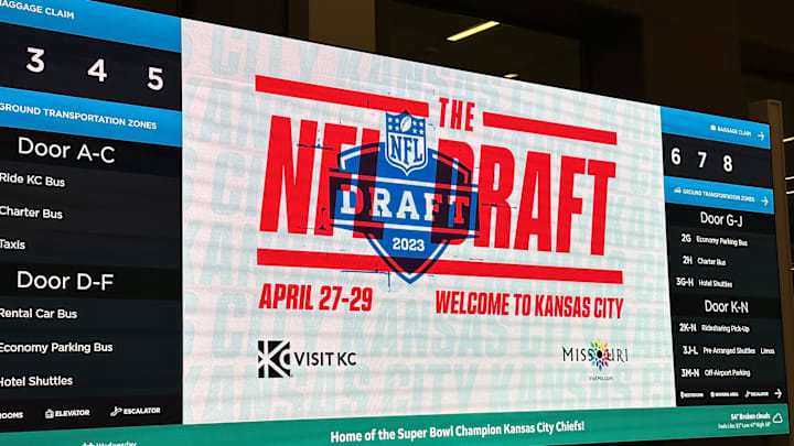Apr 26, 2023; Kansas City, MO, USA; Signage promoting the NFL Draft at the Kansas City International