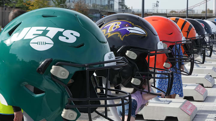 Oct 7, 2023; London, United Kingdom; Large oversized helmets of the New York Jets Baltimore Ravens, Cleveland Browns and Cincinnati Bengals at the NFL Experience London at the Battersea Power Station. Mandatory Credit: Kirby Lee-Imagn Images Oct 7, 2023; London, United Kingdom; Large oversized helmets of the New York Jets Baltimore Ravens, Cleveland Browns and Cincinnati Bengals at the NFL Experience London at the Battersea Power Station. Mandatory Credit: Kirby Lee-Imagn Images