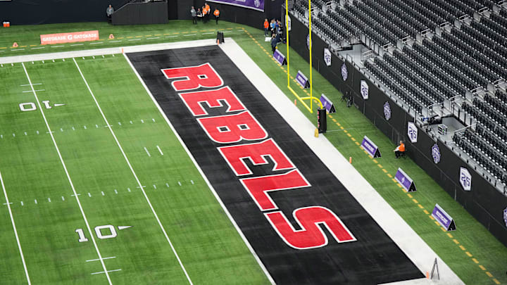 The UNLV Rebels logo in the end zone is seen before the Mountain West Championship between the Boise State Broncos and the UNLV Rebels at Allegiant Stadium. 