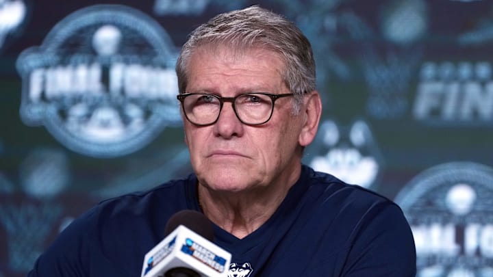 Apr 3, 2025; Tampa, FL, USA; UConn Huskies head coach Geno Auriemma during press conference at Amalie Arena. Mandatory Credit: Kirby Lee-Imagn Images