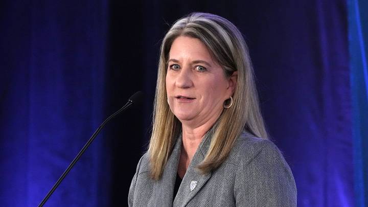 Pac-12 commissioner Teresa Gould helped steer the conference back from the edge of extinction. Pac-12 commissioner Teresa Gould helped steer the conference back from the edge of extinction.
